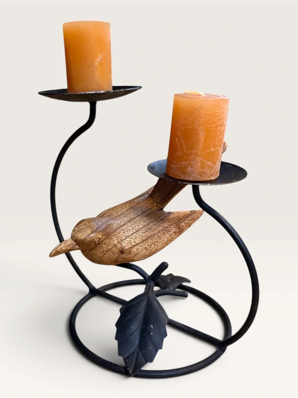 Rustic Multi-Tiered Pillar Candle Holder Featuring A Carved Wooden Bird Accent